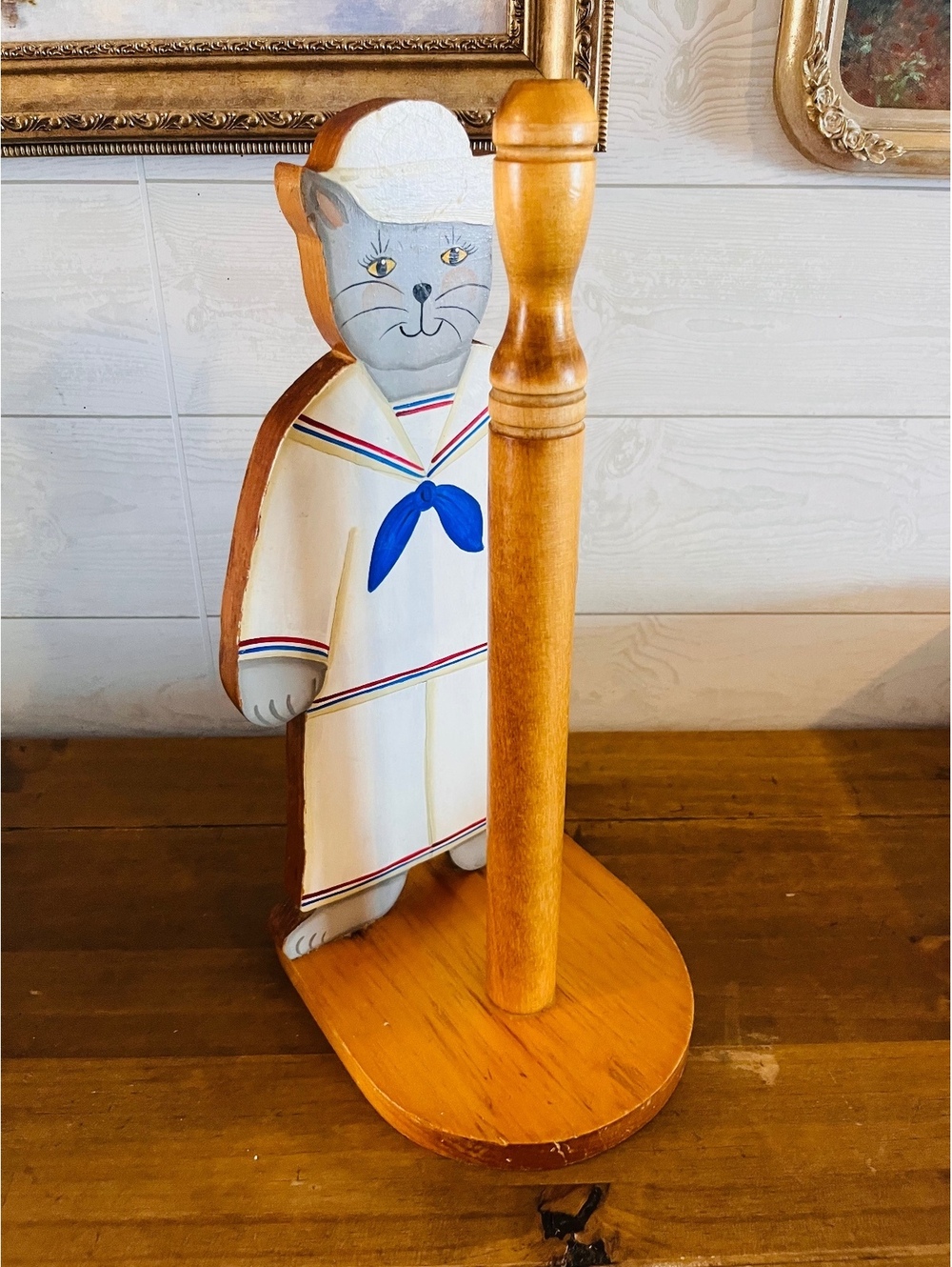 Vintage Folk Art Wooden Sailor Cat Paper Towel Holder Kitsch Cottagecore